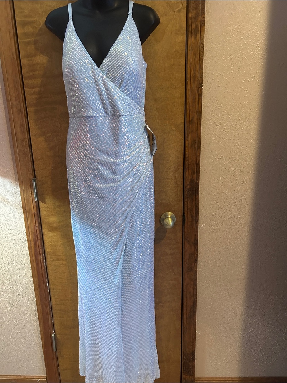Speechless Iridescent Light Blue Sequin Wrap Gown